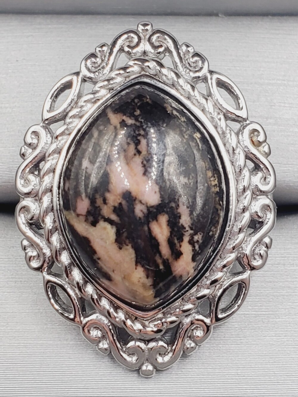 Black And Pink Rhodonite - 925 Sterling Silver Statement Ring - Marquise